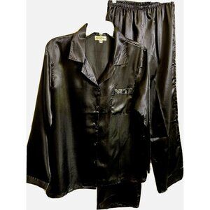 Pajama Heaven Woman Solid Black P J Set 2 Pc. Size M Sateen Look  Long Slvs NWOT